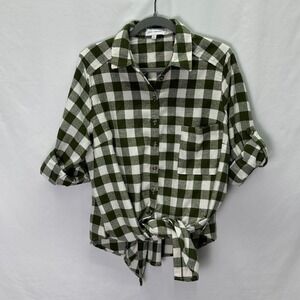 Lost + Wander Womens Flannel Shirt Green White Plaid Tie Front Roll Tab Size L